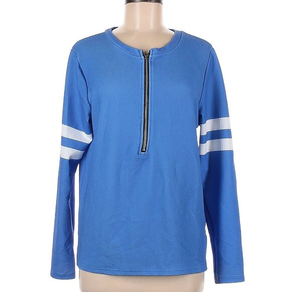 Misslook Blue and White Long Sleeve Zipper Front Tee Shirt Size Medium - Picture 1 of 8